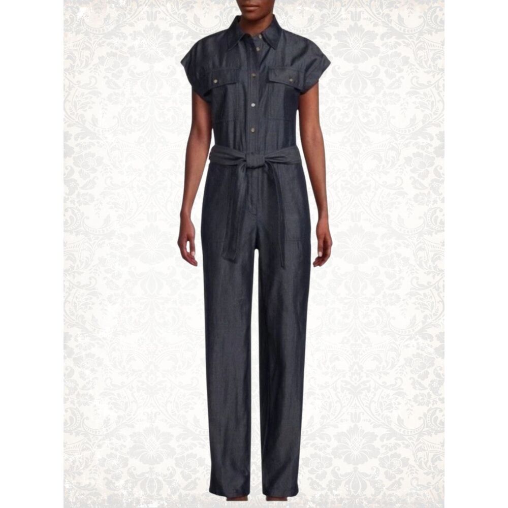 NWT Michael Kors Dark Denim Button-Up Jumpsuit Pockets Women's Size M
